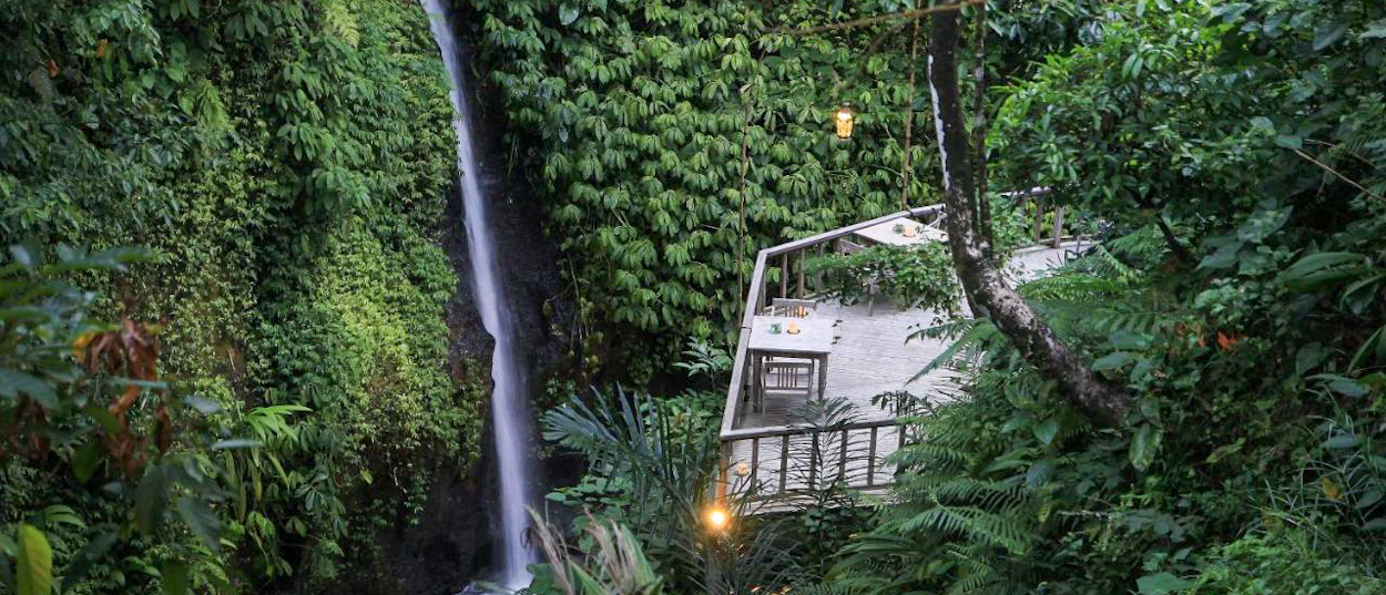 A tall waterfall plunges beside a wooden deck surrounded by lush tropical jungle in Ubud.