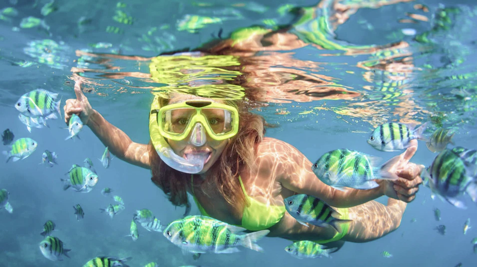 girl on a snorkelling excursion and posing for a photo with sealife