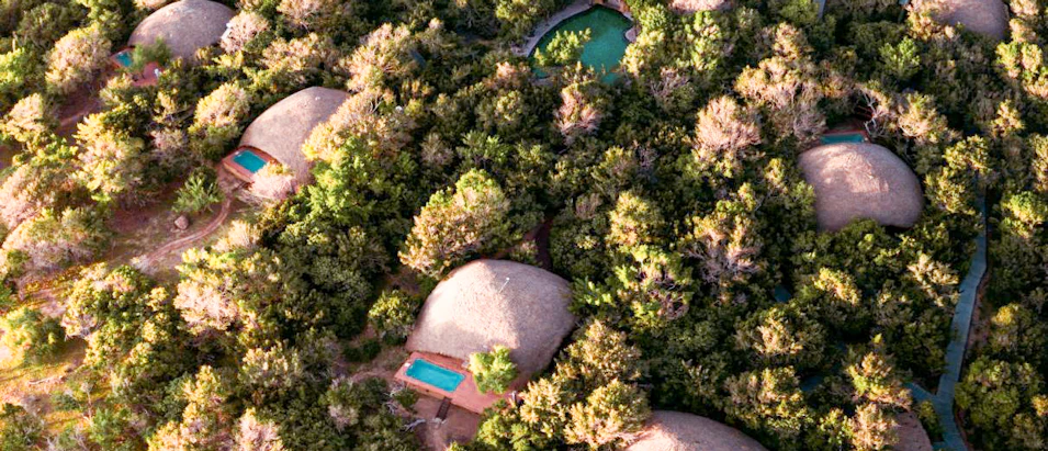 Aerial view of luxurious dome huts with private pools nestled in a dense green forest, Sri Lanka.