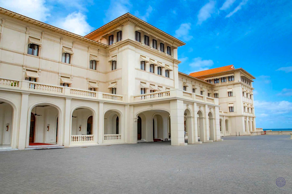 Grand colonial Galle Face Hotel in Colombo, Sri Lanka, with elegant facade by the ocean.