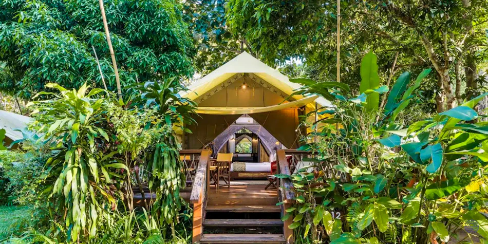 A luxurious tented accommodation nestled among lush tropical trees at Hintok River Camp, Thailand.