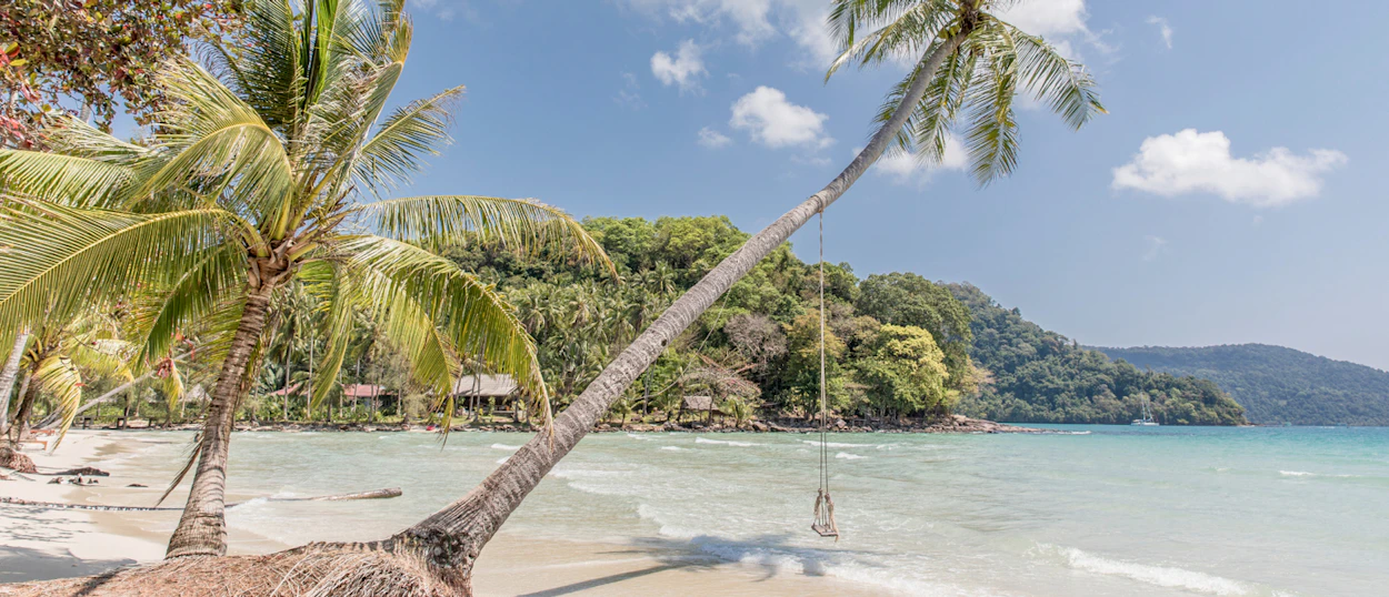 Idyllic tropical beach on Koh Kood featuring a swing from a leaning palm tree over clear water.
